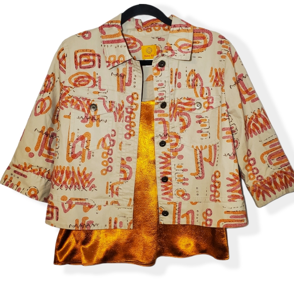 Ruby Rd Art to Wear Abstract Casual Cropped Jacket
